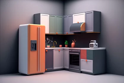 Retro Cartoon-Style Kitchen Interior with Vibrant Colors AI Image