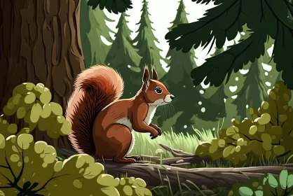 Scottish Brown Squirrel in Cartoon Realism Forest Illustration