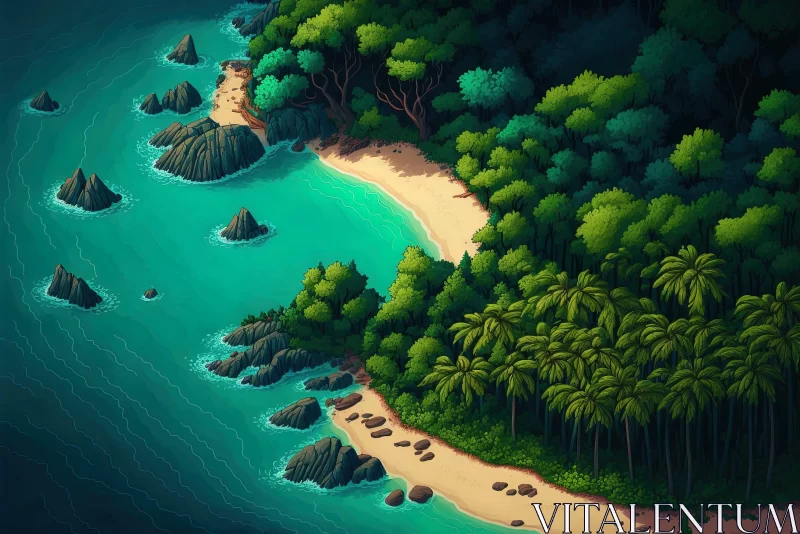 AI ART Artist's Rendition of a Tranquil Beach and Mysterious Jungle