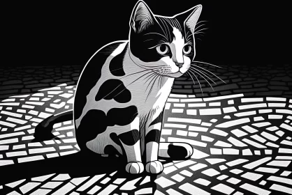 Black and White Cartoon Cat on Cobblestone - Graphic Illustration