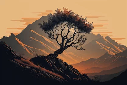 Mountain top tree under sunset - Illustrative art