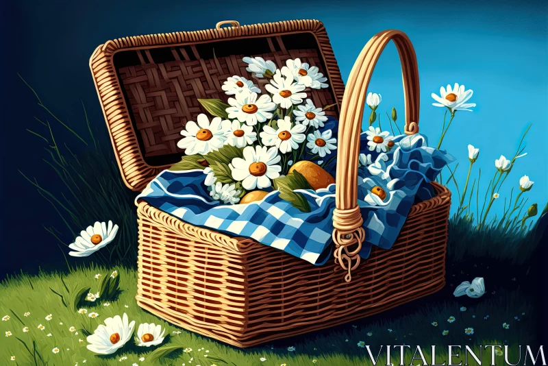 Picnic Basket with Daisies: A Charming Nostalgic Illustration AI Image