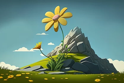 Stone Mountain with Yellow Flower: An Animated Concept Art