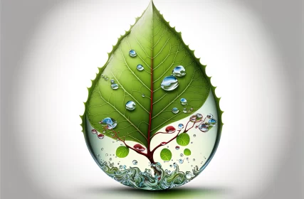 Surrealistic Green Leaf with Water Droplets - An Intricate Illustration