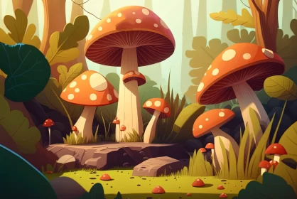 Vibrant Cartoon Mushroom Illustration in Forest Setting AI Image