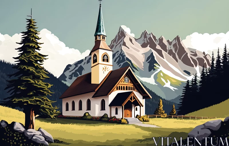 Alpine Church Landscape - Detailed Mural Illustration AI Image
