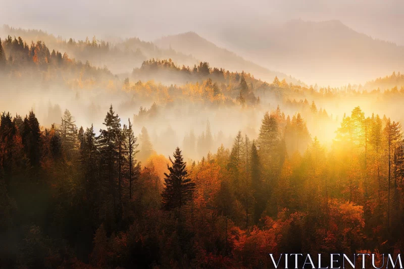 Autumn Sunrise Over a Forested Mountain - Ethereal Landscape AI Image