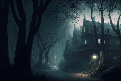 Haunted House in Dark Forest - Gothic-Influenced Wallpaper AI Image