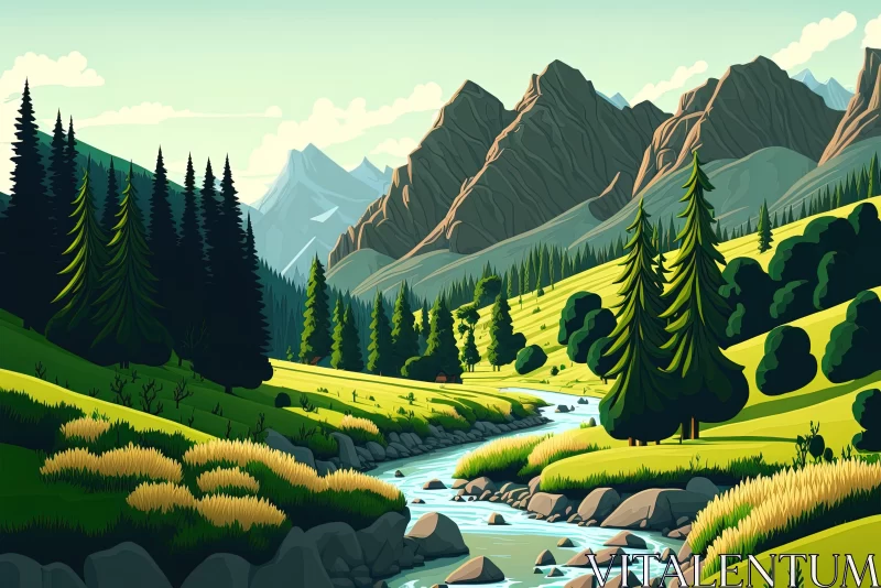 Idyllic Mountain Valley with Forest and River: Tranquil Serenity AI Image