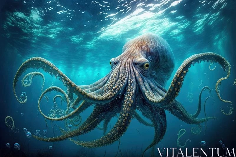 Intricate Underwater Illustration of a Giant Octopus AI Image