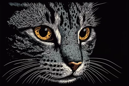 Intricate Wood Engraving Style Cat Portrait with Yellow Eyes
