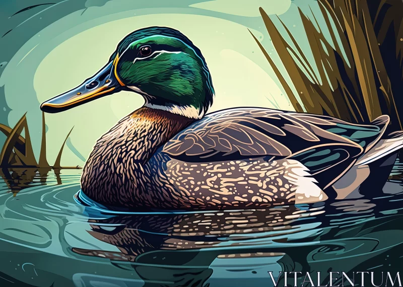 Nature-Inspired Camouflage: Detailed Duck Swimming Illustration AI Image