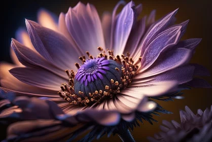 Purple Daisy in Surrealistic Detail against Dark Background