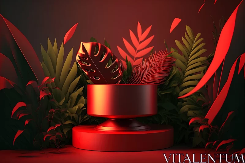 3D Illustration of a Red Pot with Plants in a Neon Tropical Atmosphere AI Image