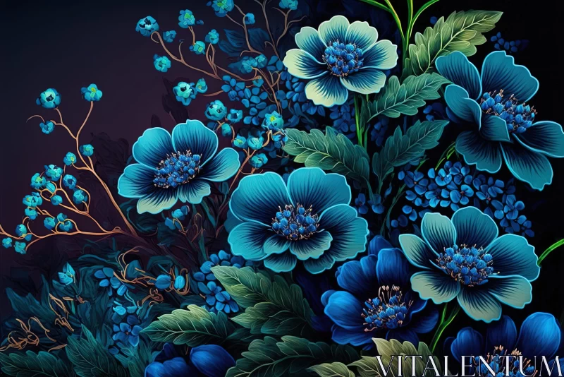 Blue Flowers on Dark Background: A Detailed Artistic Illustration AI Image