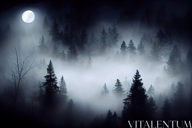 Gothic Style Moonlit Forest with Fog - Art Illustration AI Image