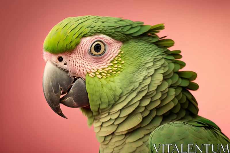 Green and Bronze Parrot: A Striking Close-up on Pink Background