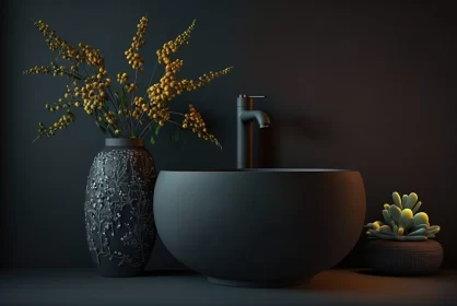 Intricate Black Bathroom with Plants and Experimental Pottery