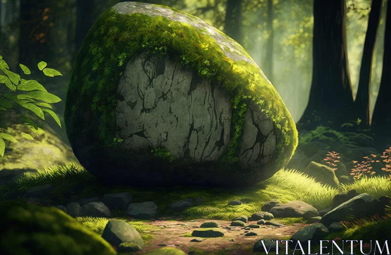 Large Rock in Mossy Forest - Realistic Illustration AI Image