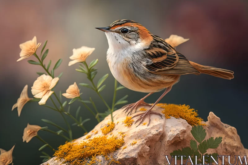 Lifelike Rendering of Sparrow on Rock with Wild Flowers AI Image