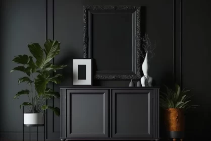 Monochromatic 3D Interior Decor: Black Hallway Cabinet and Plant