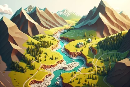 Mountain Range 3D Illustration: Folk-Inspired Americana Iconography
