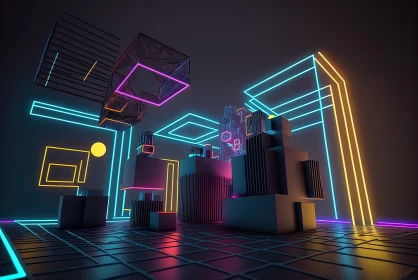 Neon Rendered Room with Bright Sculptures and Colorful Shapes