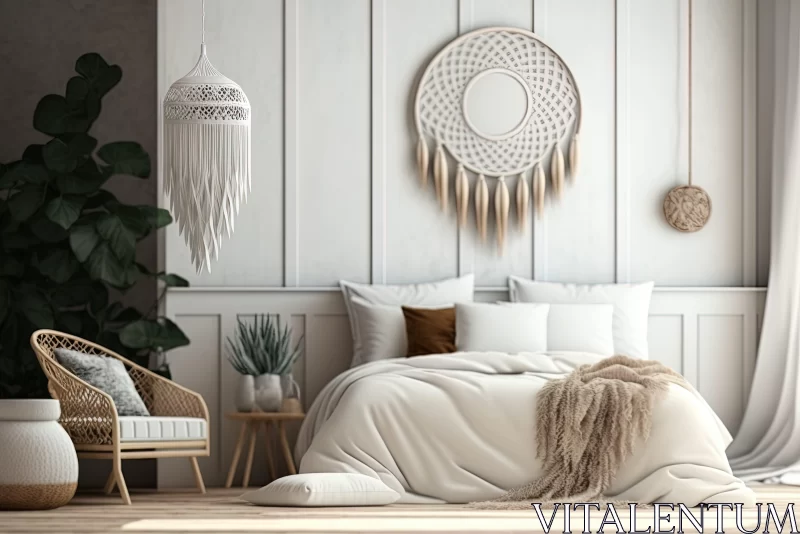 Serene White Bedroom with Bohemian Decor AI Image