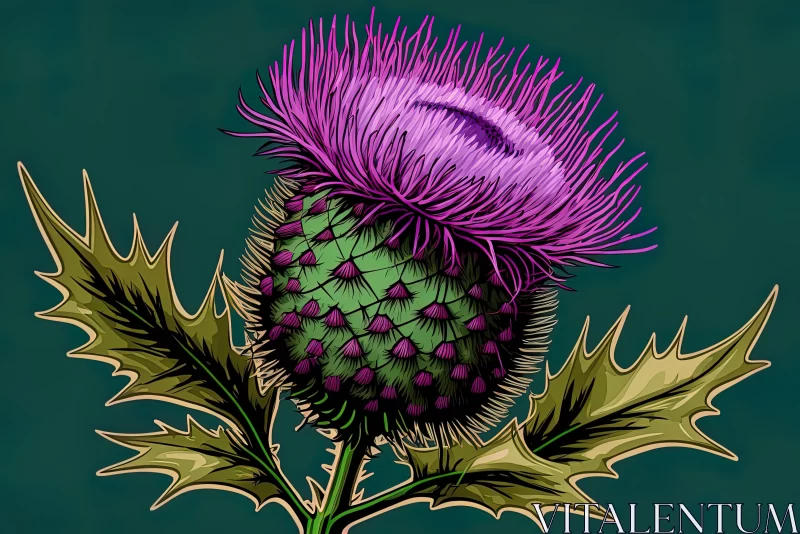 Thistle Plant Comic Style Illustration in Light Magenta and Dark Cyan AI Image