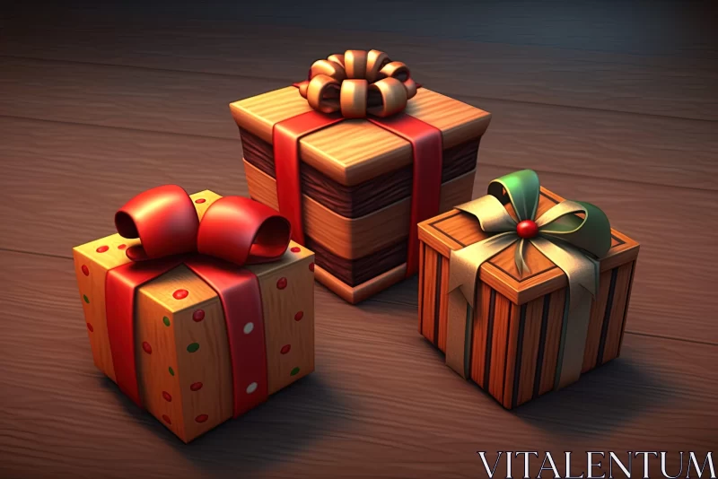 3D Christmas Presents in 2D Game Art Style on Wooden Table AI Image