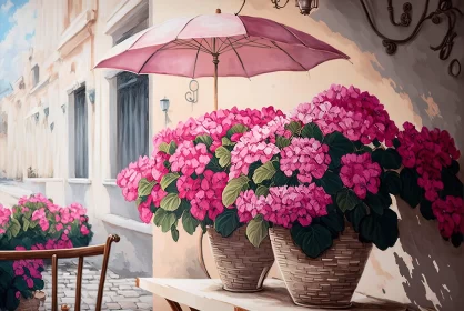 Architectural Mural: Pink Umbrella and Flower Baskets AI Image