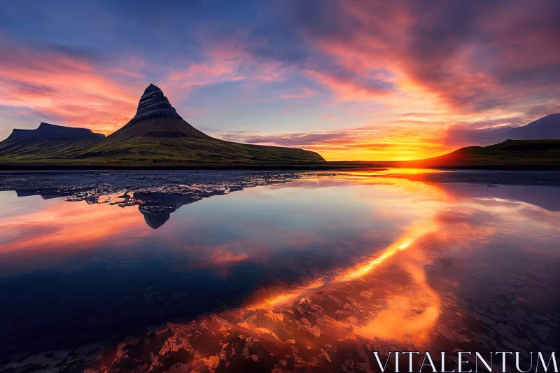 Icelandic Nature Wonders: Sunset, Rocky Beach, and Waterfall AI Image
