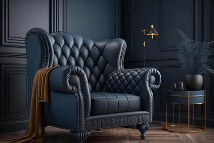 Luxurious Interior with Blue Leather Armchair and Vintage Lamp