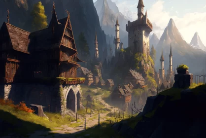 Medieval Villagecore Castle Amidst Mountains - Digital Painting AI Image