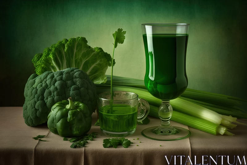 Surreal Still Life: A Fusion of Green Juice and Fresh Vegetables AI Image