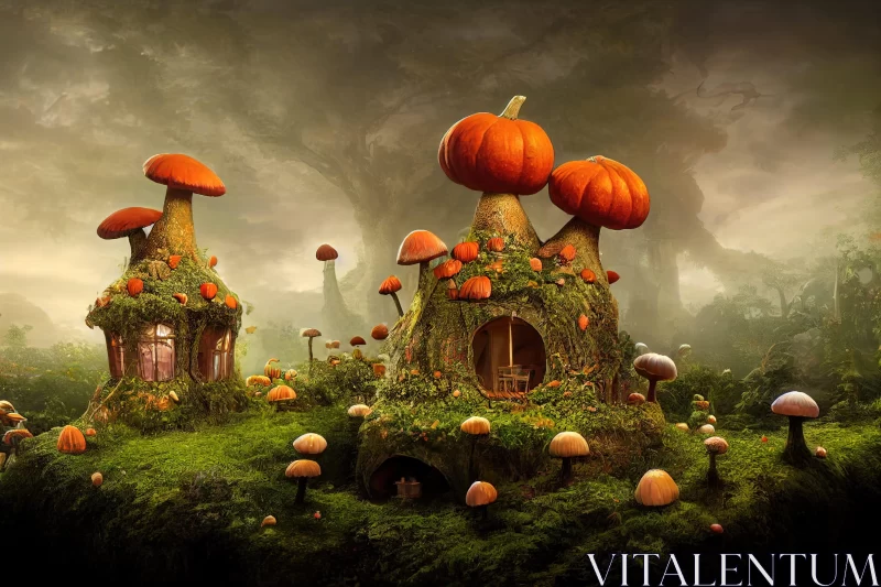 Fantasy Forest with Mushroom Houses - A Halloween Spectacle AI Image