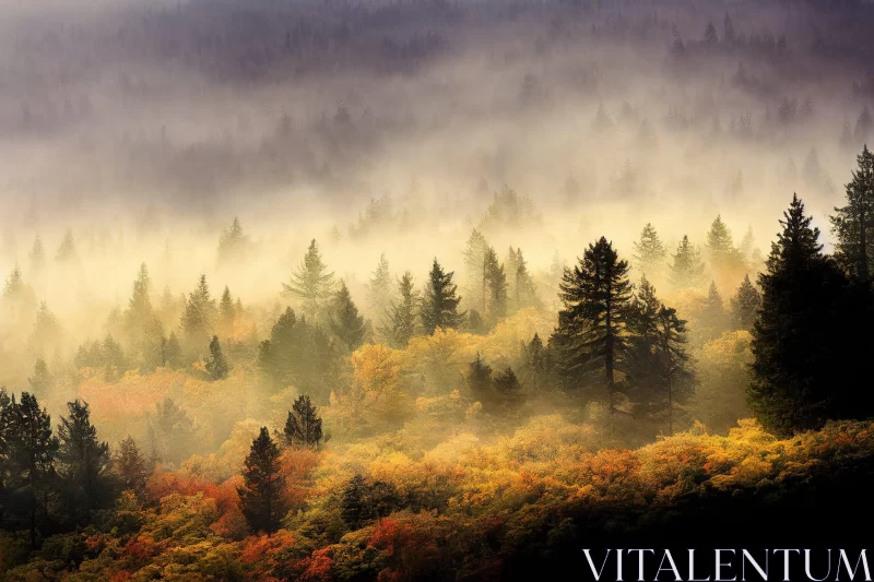 Foggy Pine Forest Landscape in Warm Color Palette AI Image
