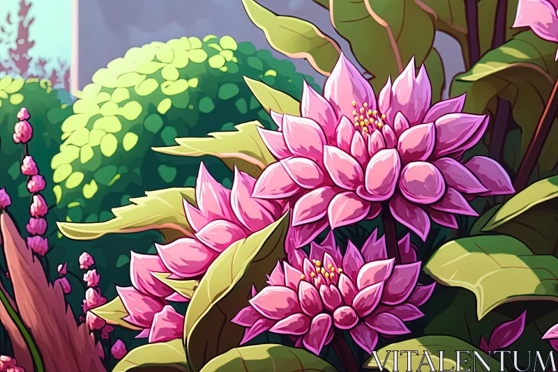 Enchanting Garden Scene with Pink Flowers - 2D Game Art Illustration AI Image
