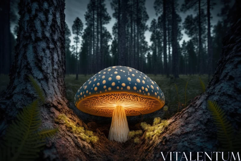Mystical Blue Mushroom in Night Forest - Photorealistic Art AI Image