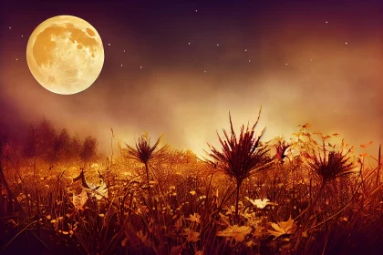 Surreal Full Moon Over Flower Field - Halloween Fantasy AI Image