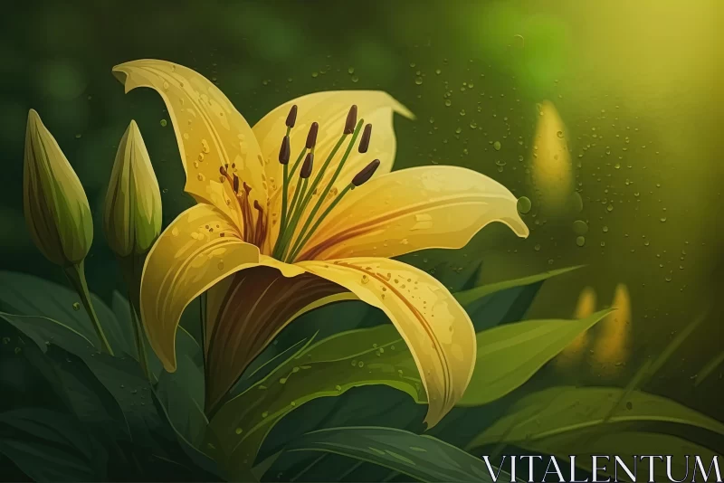 Artistic Illustration of Yellow Lily Amidst Green Foliage AI Image