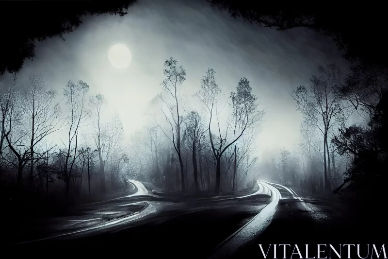 Mysterious Moonlit Landscape with Dark Road and Trees AI Image