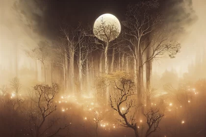 Mystical Sepia-Toned Forest Illuminated by Moonlight