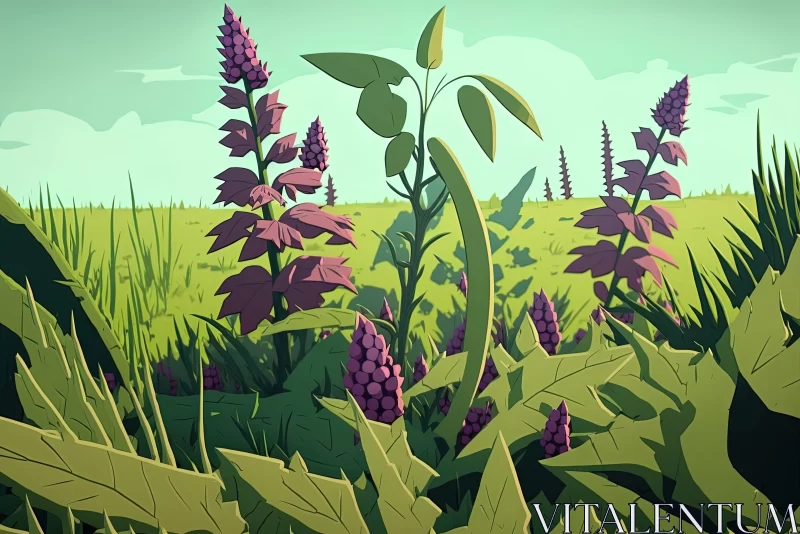 Nature Illustration in Bold Palette: Grassy Field with Purple Flowers AI Image