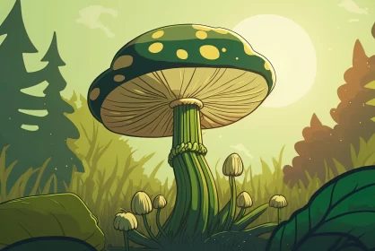 Whimsical Mushroom Illustration in Lush Woodland AI Image