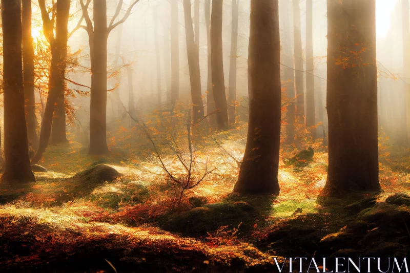 Autumnal Forest Bathed in Warm Light AI Image