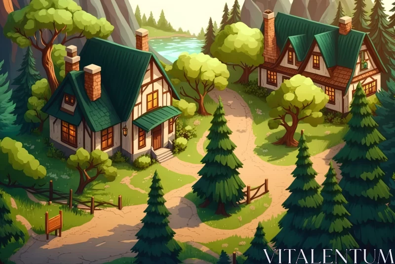 Cartoon Woodland Village Illustration AI Image
