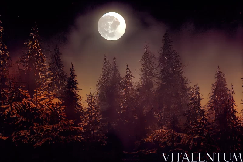 Full Moon over Pine Forest: A Romanticized Nostalgic Landscape AI Image