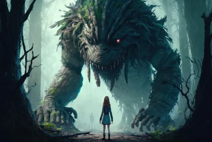 Girl Encountering Monster in Forest - Anime Art AI Image