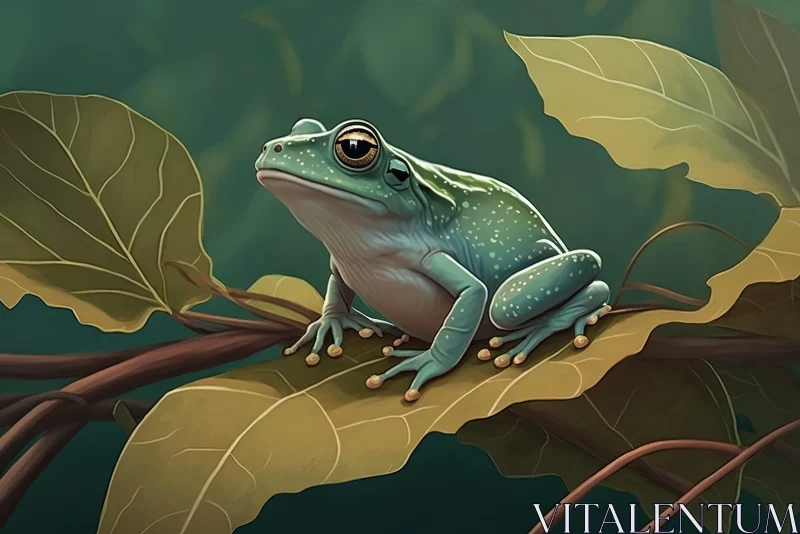 Green Frog on Branch: Children's Book Style Illustration AI Image